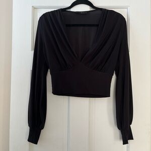 Black Crop VNeck Super Soft Going Out Top Long Sleeve